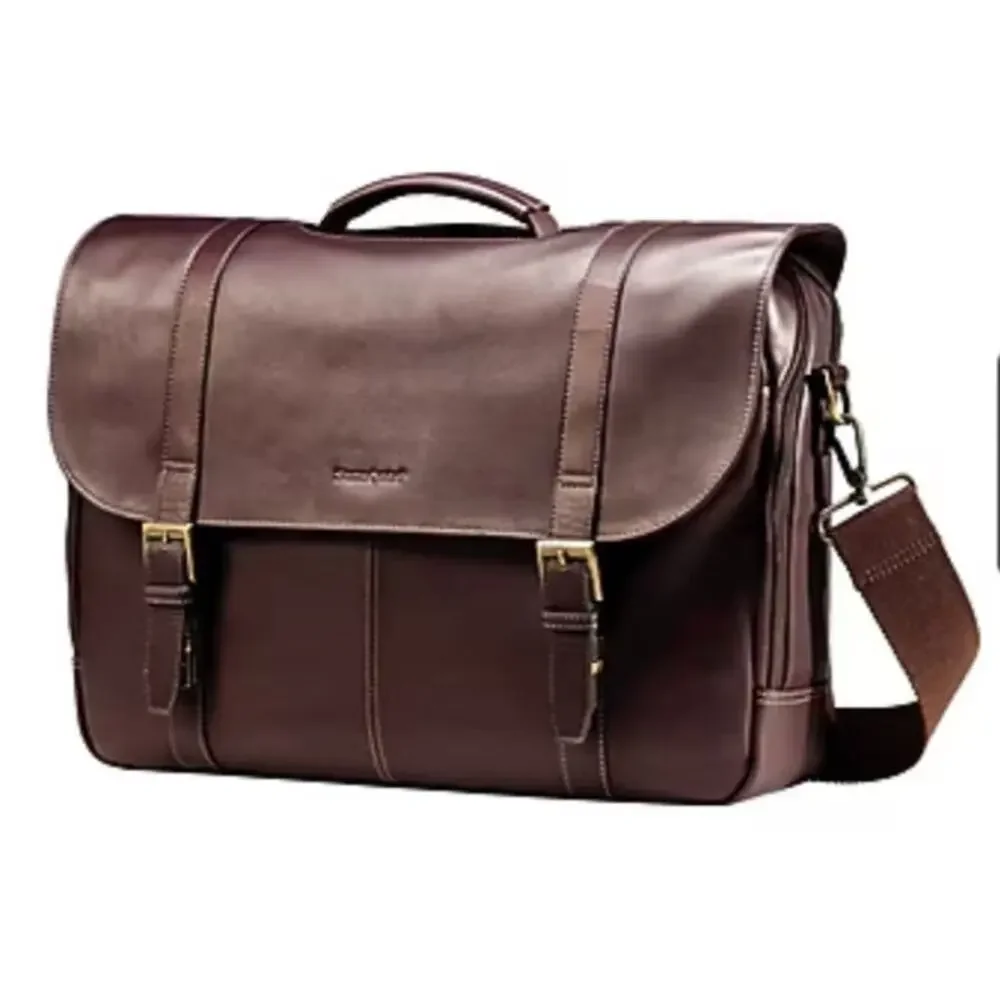 Samsonite Brown Leather Double Gusset Laptop Briefcase Messenger Bag 15.6”
